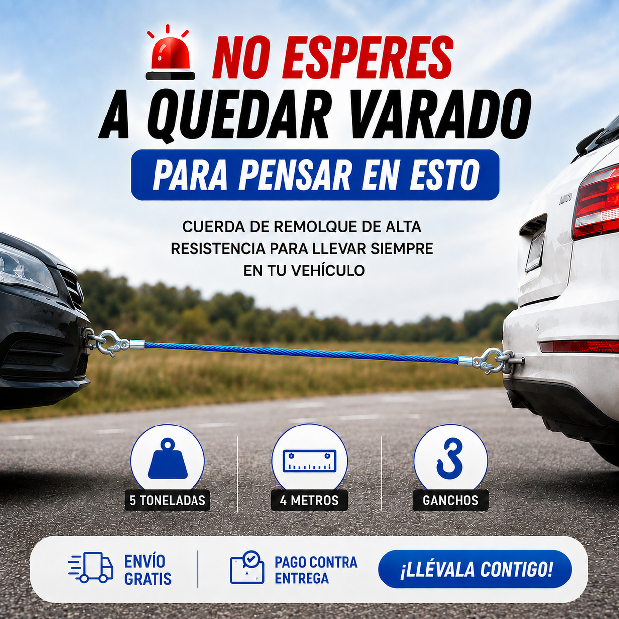RoadHook Pro™ Cable de Remolque en Acero (5T - 4M) 🚨🚙
